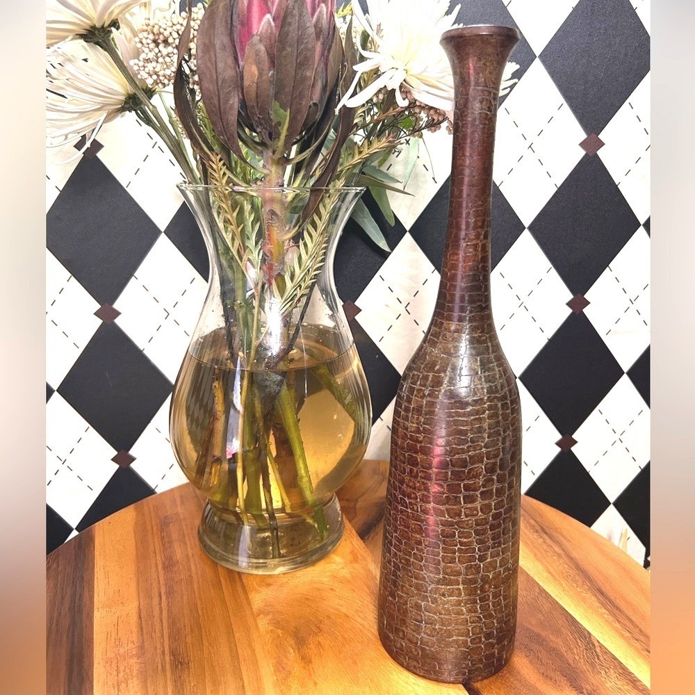 Sculptural Metal Bottle Bud Vase – Croc-Textured Brown Finish| Rustic - Picture 4 of 5